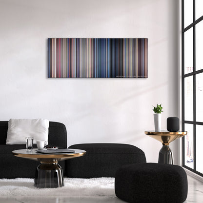 Jurassic Park color palette canvas above a black sofa with a gold-topped table