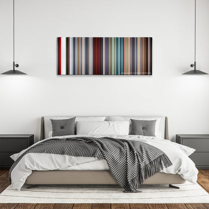 Hardcore Henry color palette canvas above a bed, between two black pendant lamps
