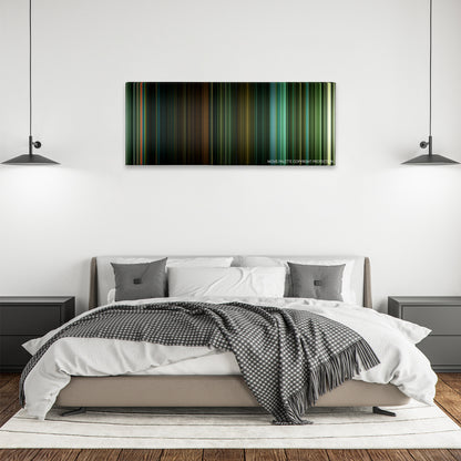 Overlord color palette canvas above a bed, between two black pendant lamps