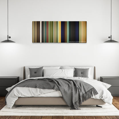 Open Season color palette canvas above a bed, between two black pendant lamps