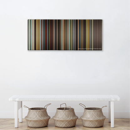 Big Eyes color palette canvas above a white bench with three woven baskets