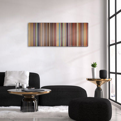 The Fifth Element color palette canvas above a black sofa with a gold-topped table