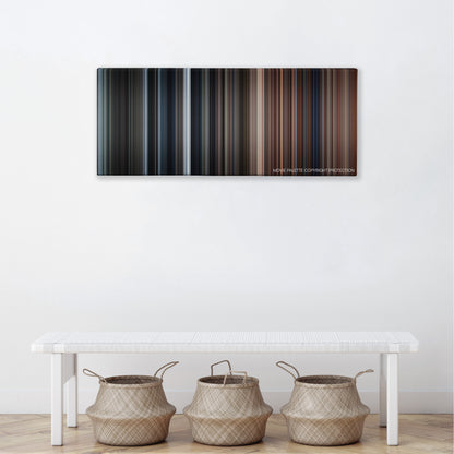Here Comes the Boom color palette canvas above a white bench with three woven baskets