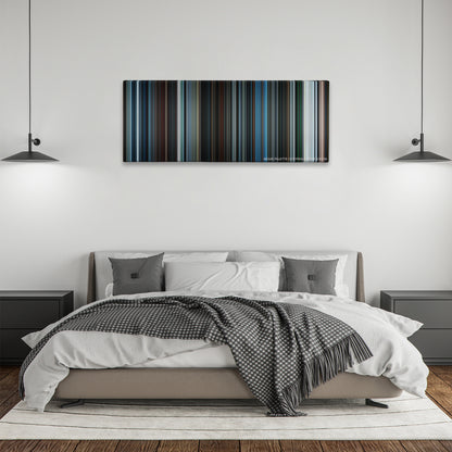 Star Trek Beyond color palette canvas above a bed, between two black pendant lamps