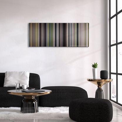Forrest Gump color palette canvas above a black sofa with a gold-topped table