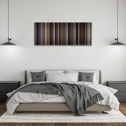 Don Jon color palette canvas above a bed, between two black pendant lamps
