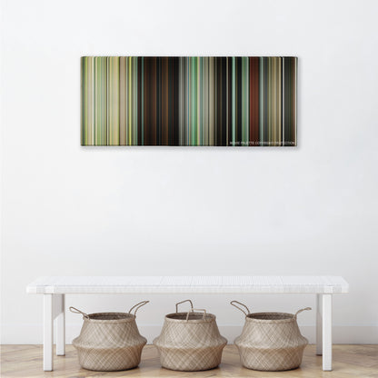 Atonement color palette canvas above a white bench with three woven baskets