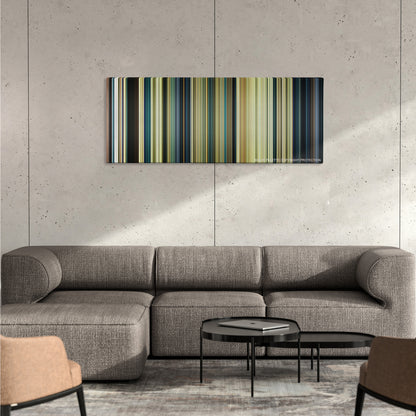 Resident Evil: Extinction color palette canvas on a concrete wall above a gray sectional sofa