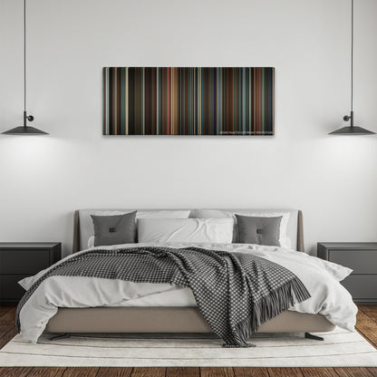 21 color palette canvas above a bed, between two black pendant lamps