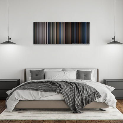 Final Destination color palette canvas above a bed, between two black pendant lamps