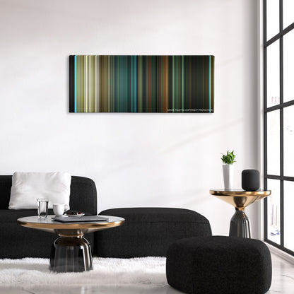 The Last House on the Left color palette canvas above a black sofa with a gold-topped table