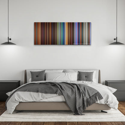 Hotel Transylvania color palette canvas above a bed, between two black pendant lamps