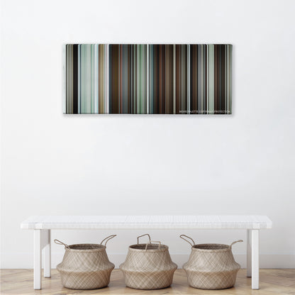 Manchester by the Sea color palette canvas above a white bench with three woven baskets