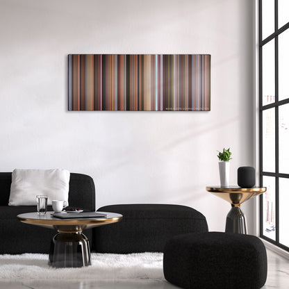 Old School color palette canvas above a black sofa with a gold-topped table