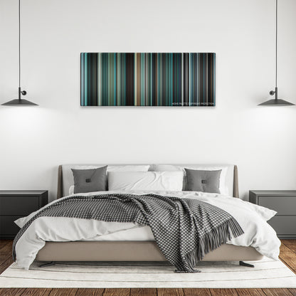 Biutiful color palette canvas above a bed, between two black pendant lamps
