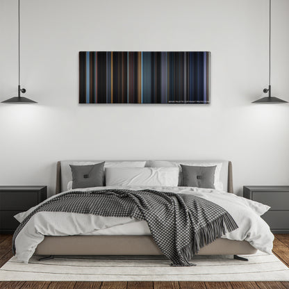 The Conjuring 2 color palette canvas above a bed, between two black pendant lamps