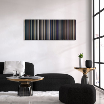Avengers: Endgame color palette canvas above a black sofa with a gold-topped table