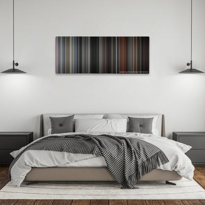 First Blood color palette canvas above a bed, between two black pendant lamps