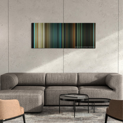The Last House on the Left color palette canvas on a concrete wall above a gray sectional sofa
