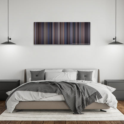 Enemy of the State color palette canvas above a bed, between two black pendant lamps