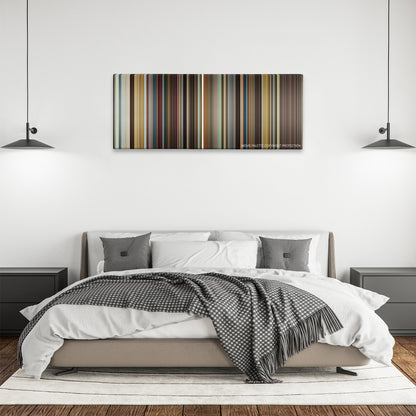 Big Eyes color palette canvas above a bed, between two black pendant lamps