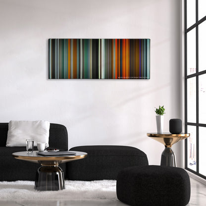 Blade Runner 2049 color palette canvas above a black sofa with a gold-topped table