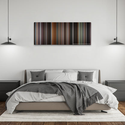 Eastern Promises color palette canvas above a bed, between two black pendant lamps