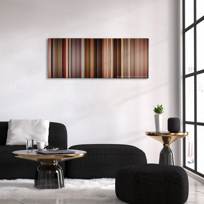 Pulp Fiction color palette canvas above a black sofa with a gold-topped table
