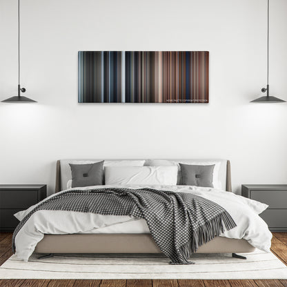 Here Comes the Boom color palette canvas above a bed, between two black pendant lamps