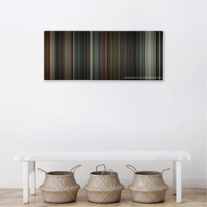 War color palette canvas above a white bench with three woven baskets