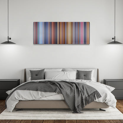 Austin Powers: International Man of Mystery color palette canvas above a bed, between two black pendant lamps