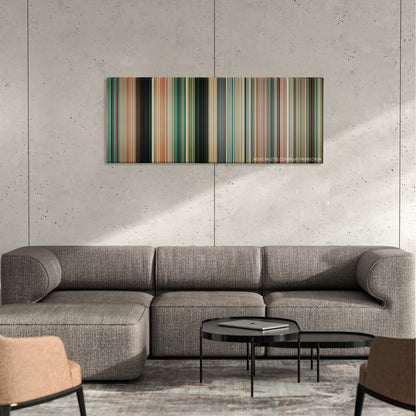 Piranha 3D color palette canvas on a concrete wall above a gray sectional sofa