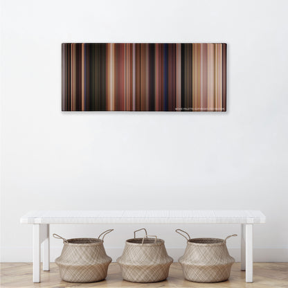 Field of Dreams color palette canvas above a white bench with three woven baskets