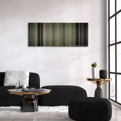 Gran Torino color palette canvas above a black sofa with a gold-topped table