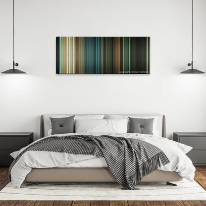 The Last House on the Left color palette canvas above a bed, between two black pendant lamps