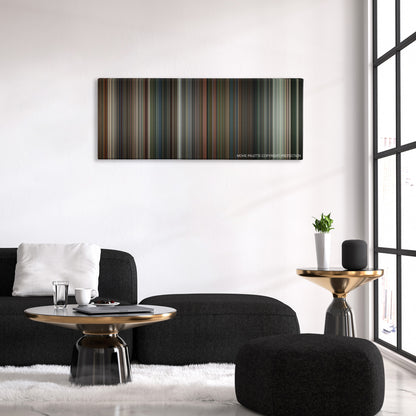 War color palette canvas above a black sofa with a gold-topped table