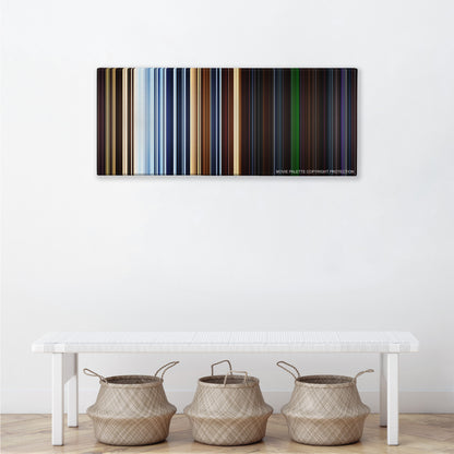 Pitch Black color palette canvas above a white bench with three woven baskets