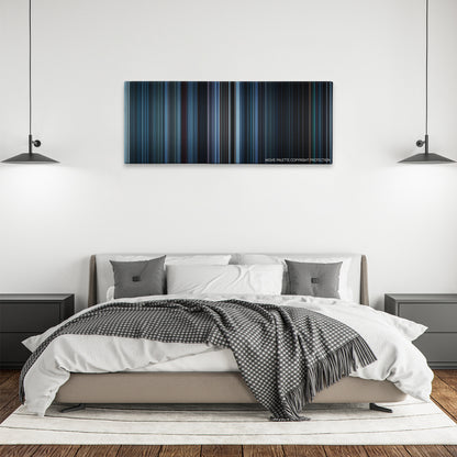 Dead Silence color palette canvas above a bed, between two black pendant lamps