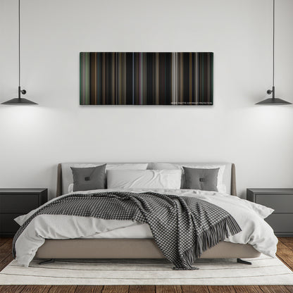 Sinister color palette canvas above a bed, between two black pendant lamps