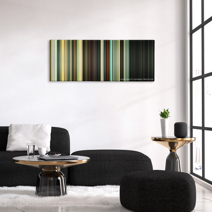 Hostel: Part II color palette canvas above a black sofa with a gold-topped table