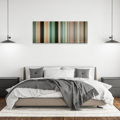 Piranha 3D color palette canvas above a bed, between two black pendant lamps