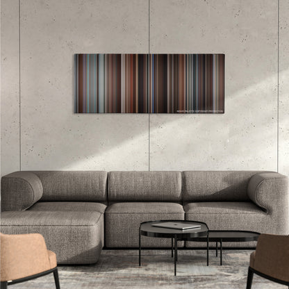 Love & Other Drugs color palette canvas on a concrete wall above a gray sectional sofa