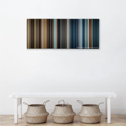 The Golden Compass color palette canvas above a white bench with three woven baskets