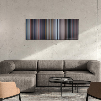 Tomorrow Never Dies color palette canvas on a concrete wall above a gray sectional sofa