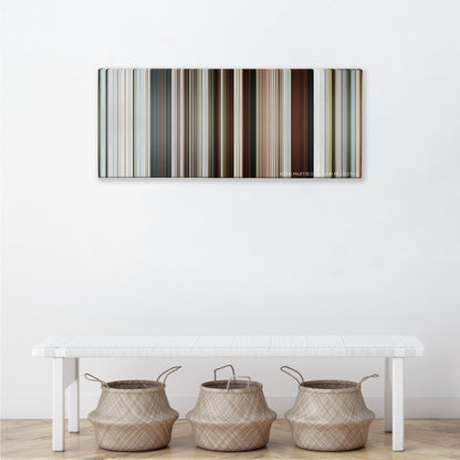 Rango color palette canvas above a white bench with three woven baskets