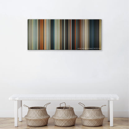 Cop Out color palette canvas above a white bench with three woven baskets