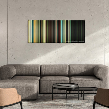 Hostel: Part II color palette canvas on a concrete wall above a gray sectional sofa