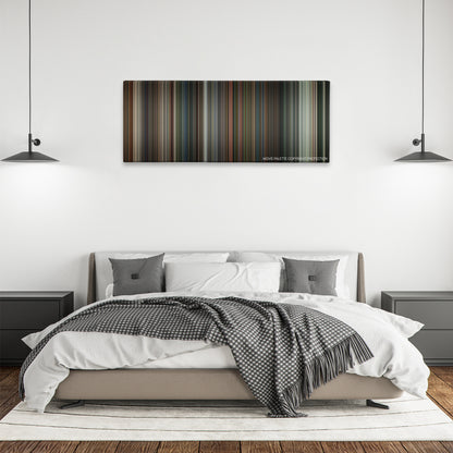 War color palette canvas above a bed, between two black pendant lamps