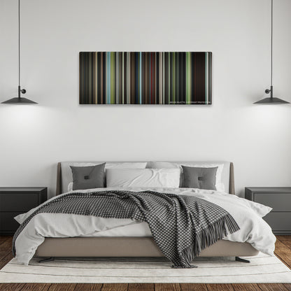 The Beach color palette canvas above a bed, between two black pendant lamps