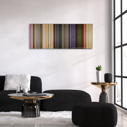 Toy Story 3 color palette canvas above a black sofa with a gold-topped table